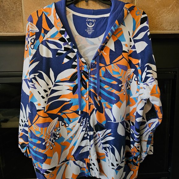 Chico's Zenergy Floral Hooded Jacket Orange Blue White - Size 3 (XL) - Picture 1 of 4